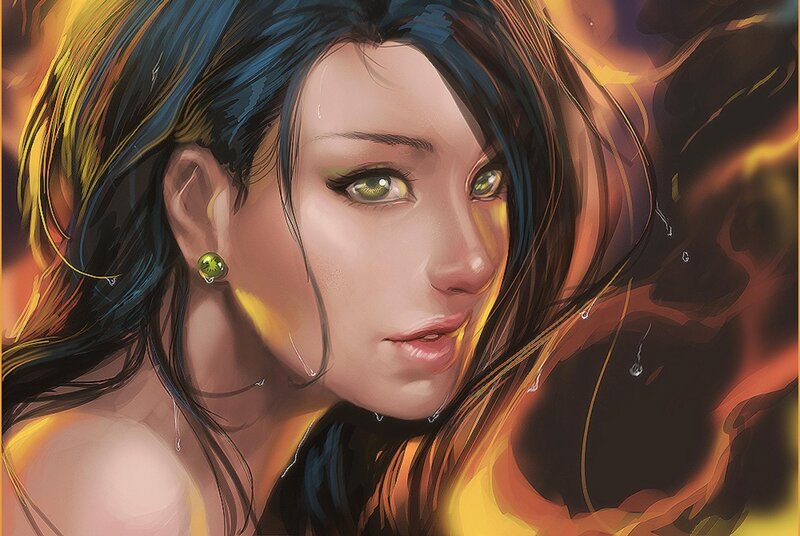 Woman with Green Eyes — Blue, Dramatic, Digital Art, Earring