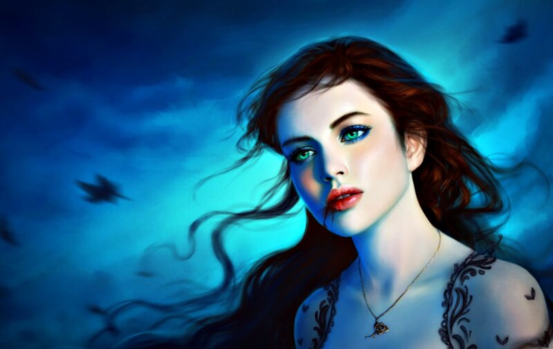Woman with Green Eyes — Blue, Dramatic, Night, Digital Art, Birds