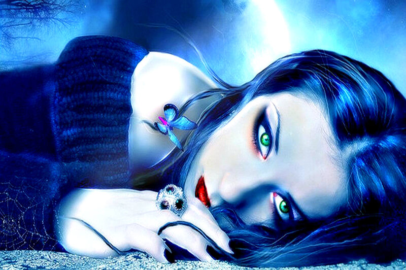 Woman with Green Eyes — Blue, Dramatic, Night, Digital Art, Butterfly