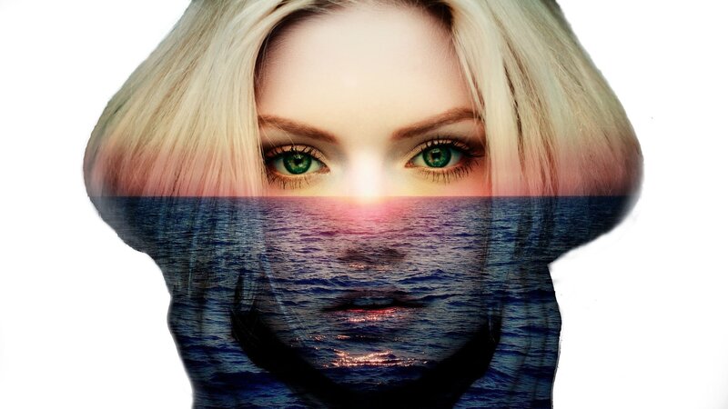 Woman with Green Eyes — Blue, Dramatic, Sunset