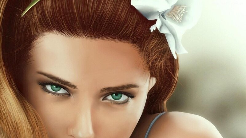 Woman with Green Eyes — Brown, Calm, Digital Art, Flower