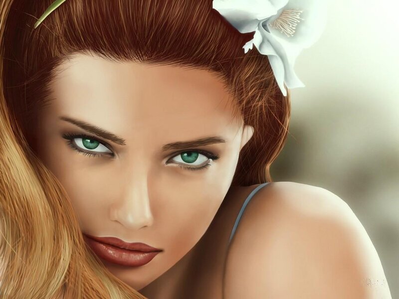 Woman with Green Eyes — Brown, Calm, Digital Art, White Flower
