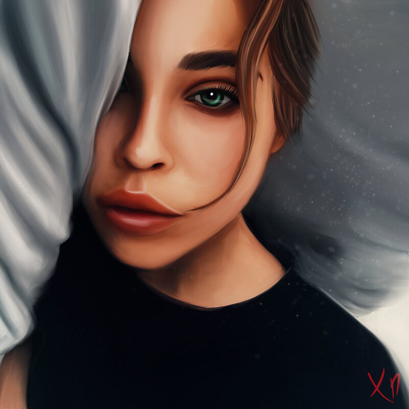 Woman with Green Eyes — Brown, Dramatic, Digital Art, Black Shirt