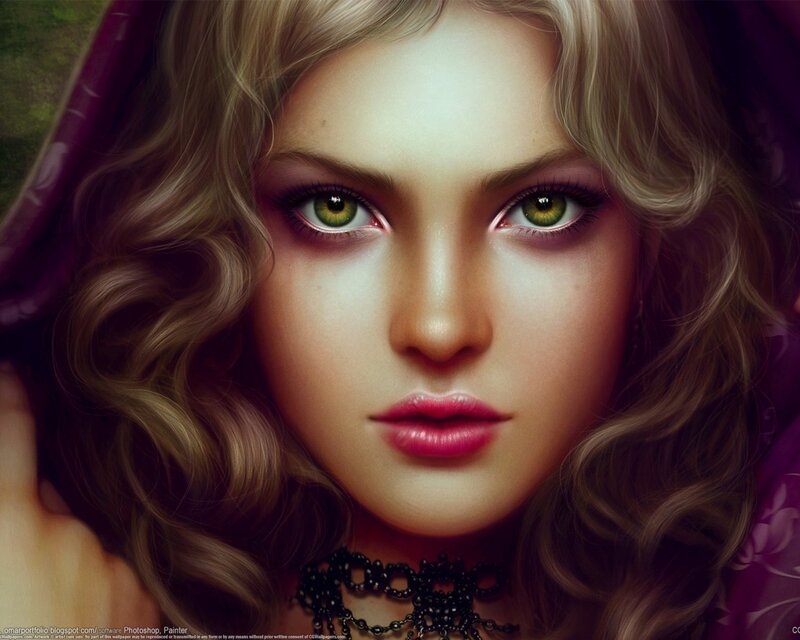 Woman with Green Eyes — Brown, Dramatic, Digital Art, Curly Hair