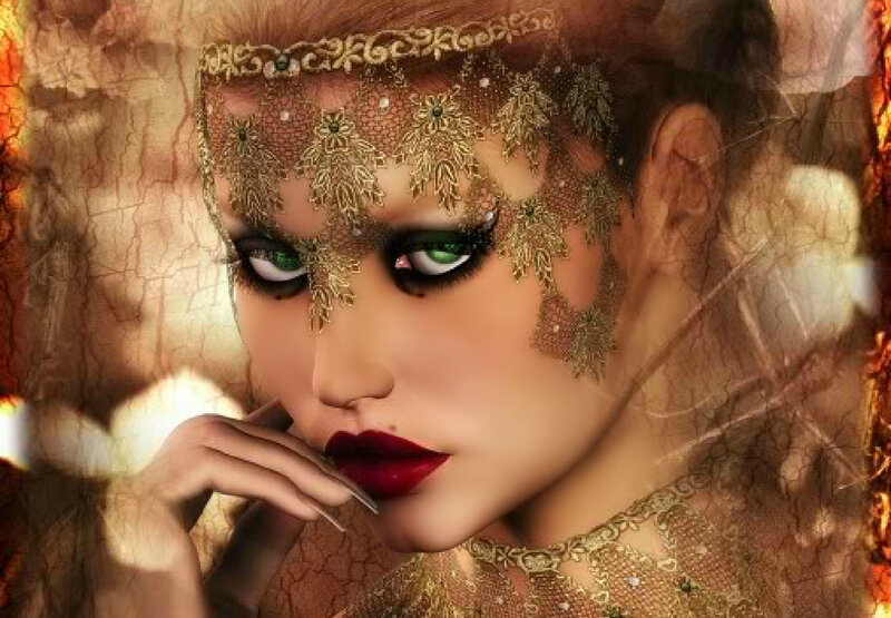 Woman with Green Eyes — Brown, Dramatic, Digital Art, Face Veil