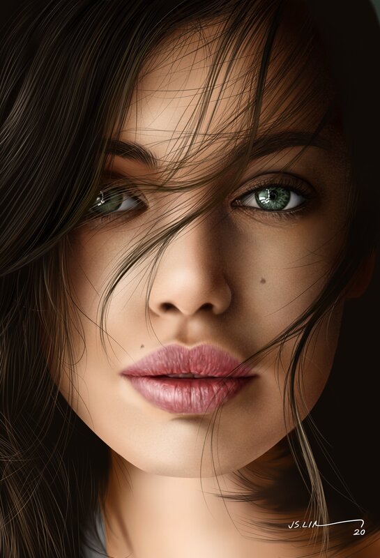 Woman with Green Eyes — Brown, Dramatic, Digital Art, Hair, Lips