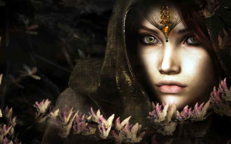 Woman with Green Eyes — Brown, Dramatic, Digital Art, Hooded Cloak