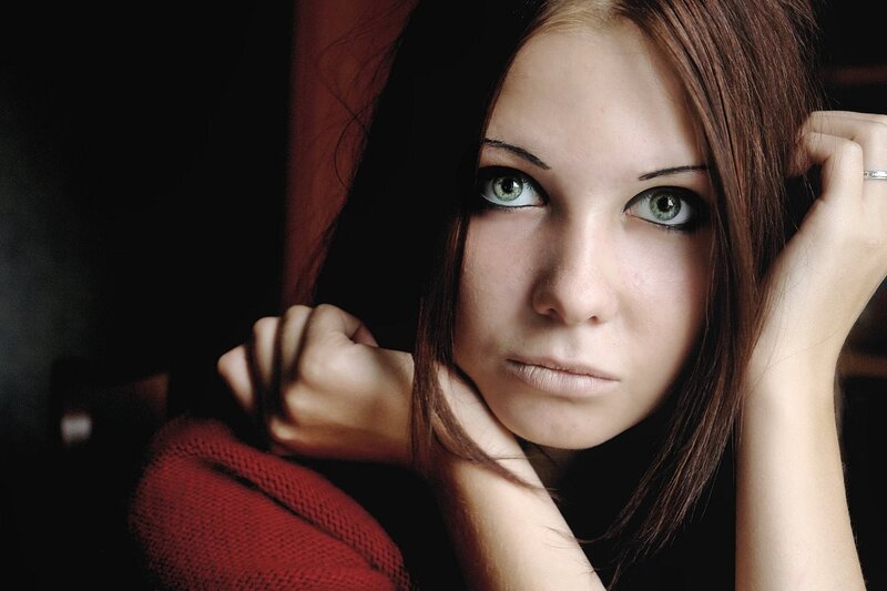 Woman with Green Eyes — Brown, Dramatic, Photograph, Hair, Hand, Ring