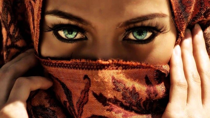 Woman with Green Eyes — Brown, Dramatic, Photograph, Scarf