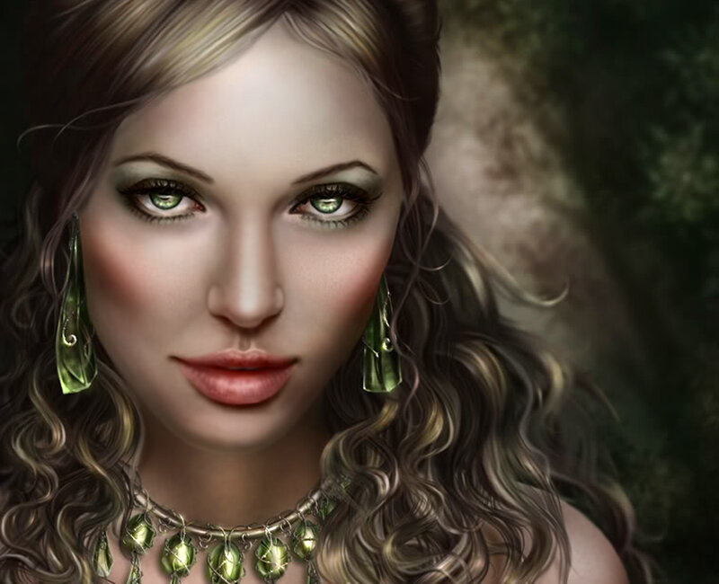 Woman with Green Eyes — Dramatic, Digital Art, Earrings