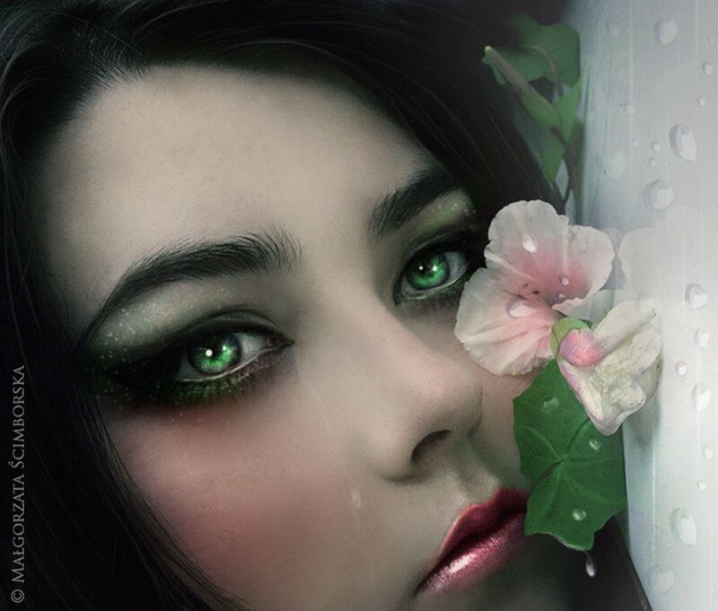Woman with Green Eyes — Dramatic, Digital Art, Flower