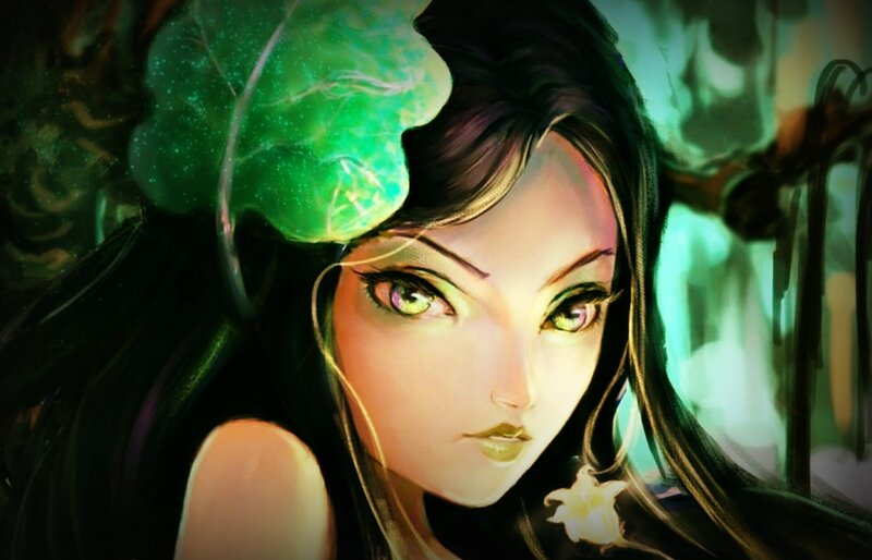 Woman with Green Eyes — Dramatic, Digital Art, Green Leaf