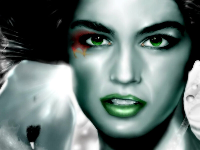 Woman with Green Eyes — Dramatic, Digital Art, Green Lips