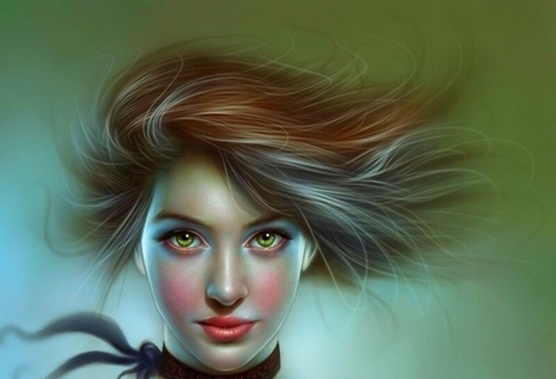 Woman with Green Eyes — Dramatic, Digital Art, Hair, Neck