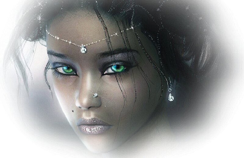 Woman with Green Eyes — Dramatic, Digital Art, Jewelry