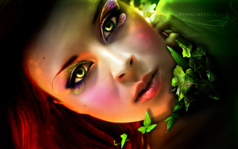 Woman with Green Eyes — Dramatic, Digital Art, Leaves