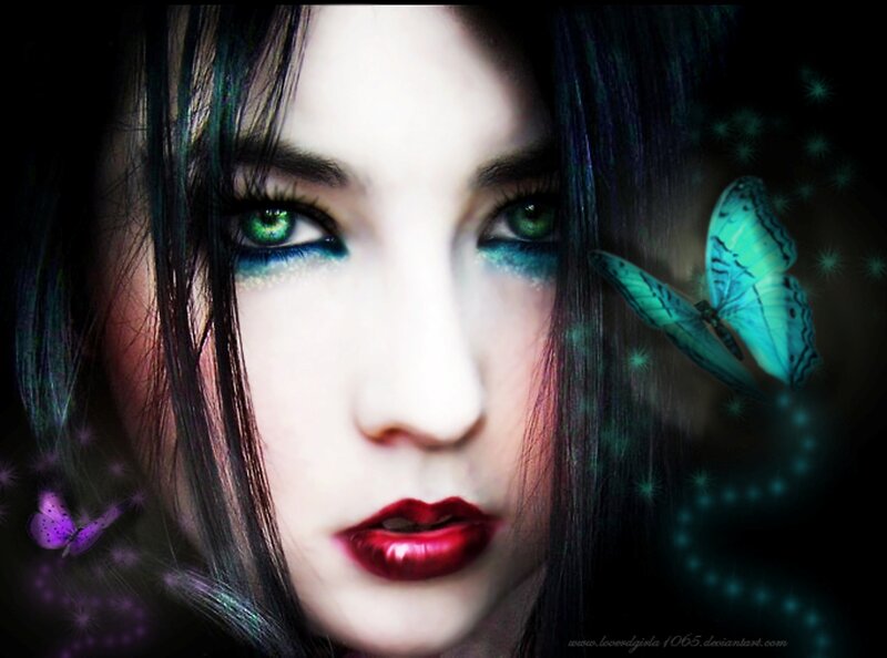 Woman with Green Eyes — Dramatic, Night, Digital Art, Butterfly
