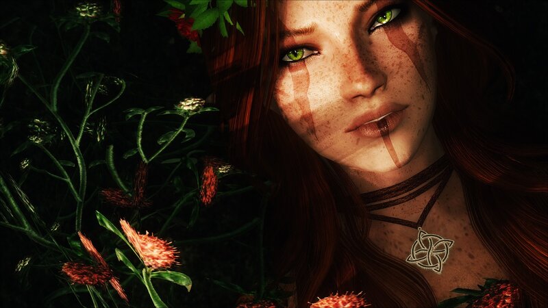Woman with Green Eyes — Dramatic, Night, Digital Art, Flowers