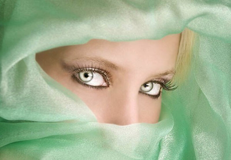 Woman with Green Eyes — Dramatic, Photograph, Green Fabric