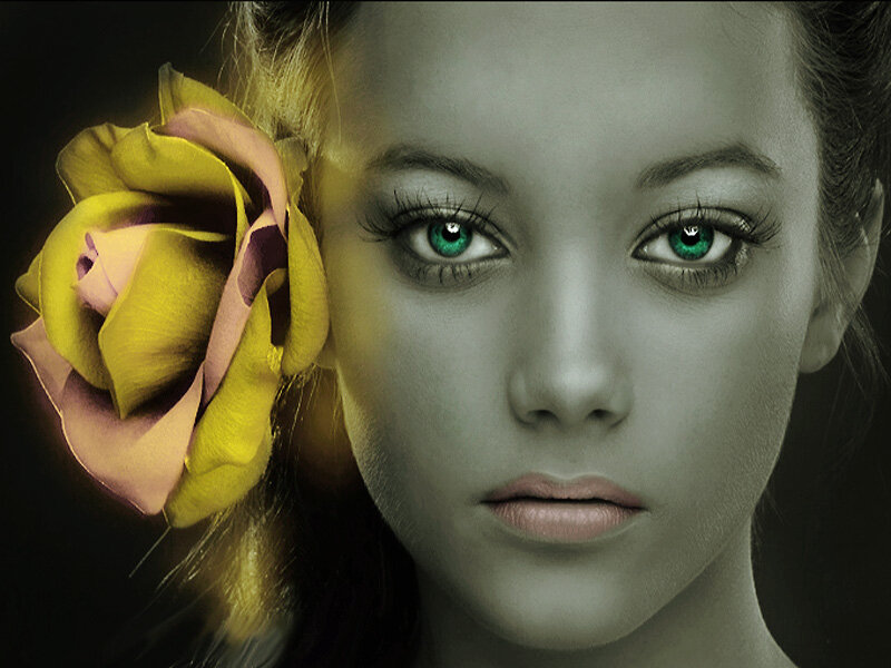 Woman with Green Eyes — Dramatic, Photograph, Rose