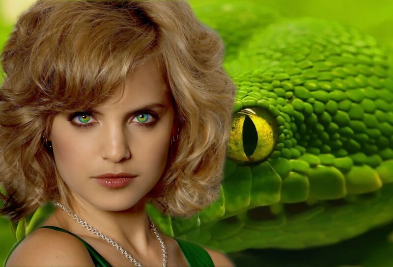 Woman with Green Eyes — Dramatic, Photograph, Snake