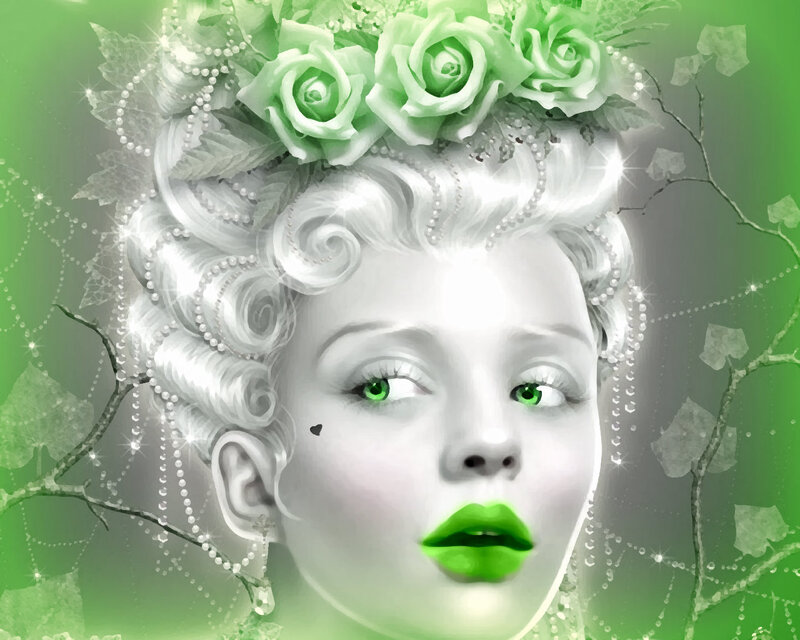 Woman with Green Eyes — Dreamy, Digital Art, Roses