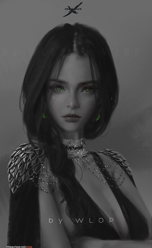 Woman with Green Eyes — Gray, Dramatic, Digital Art, Green Earrings
