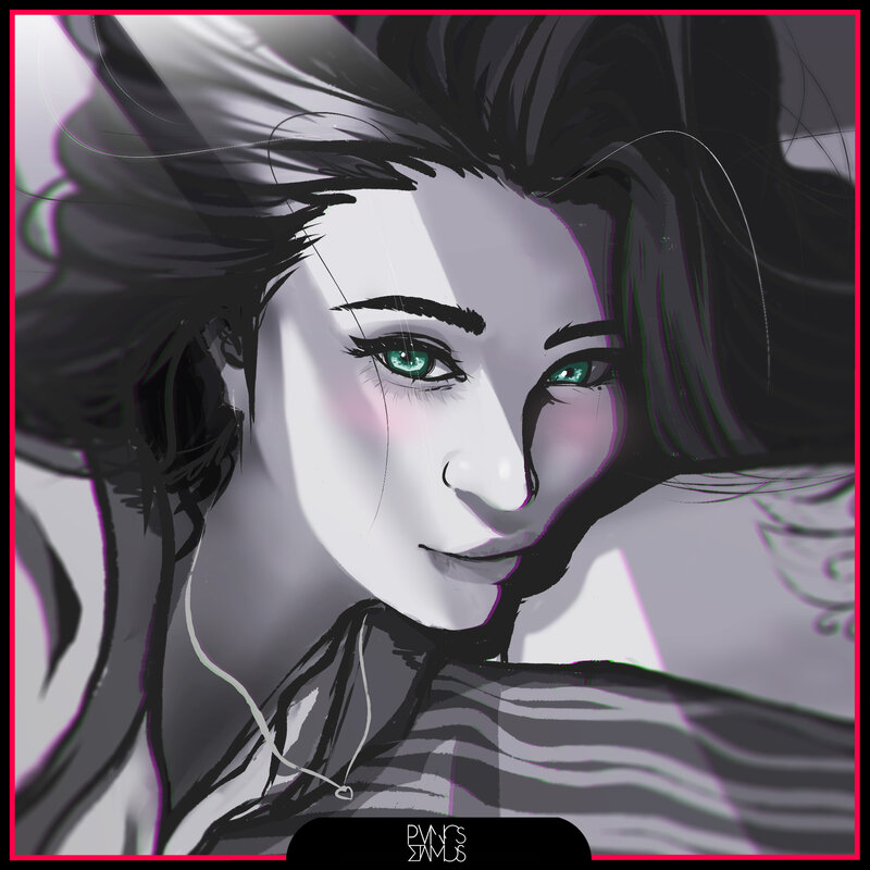 Woman with Green Eyes — Gray, Dramatic, Digital Art, Hair