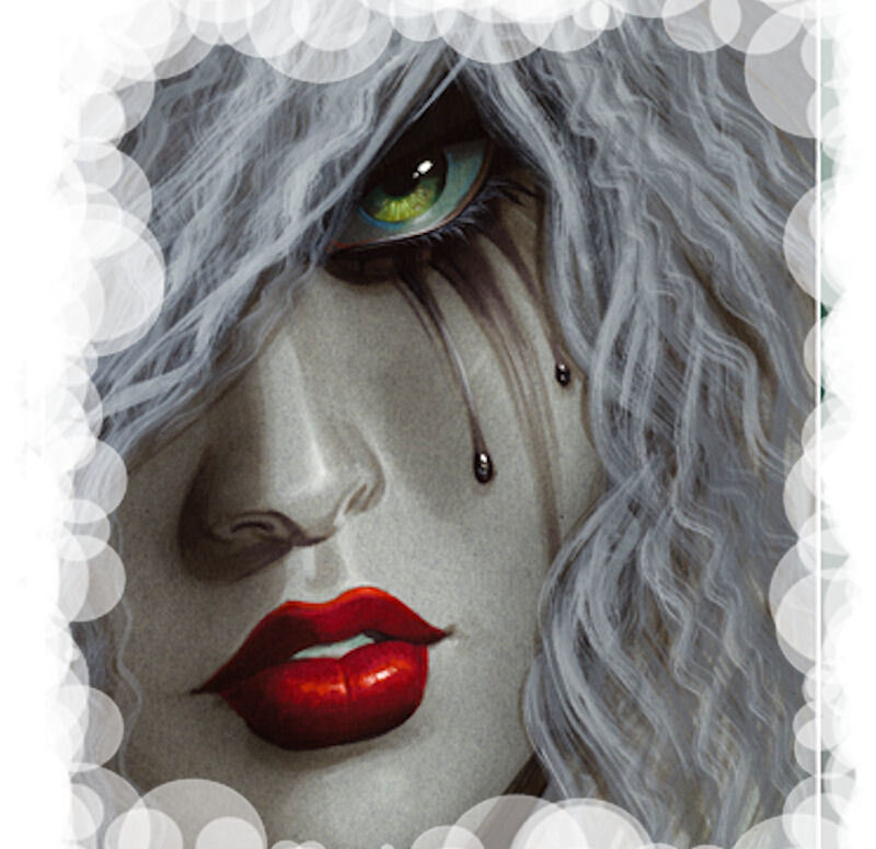 Woman with Green Eyes — Gray, Dramatic, Digital Art, Red Lips