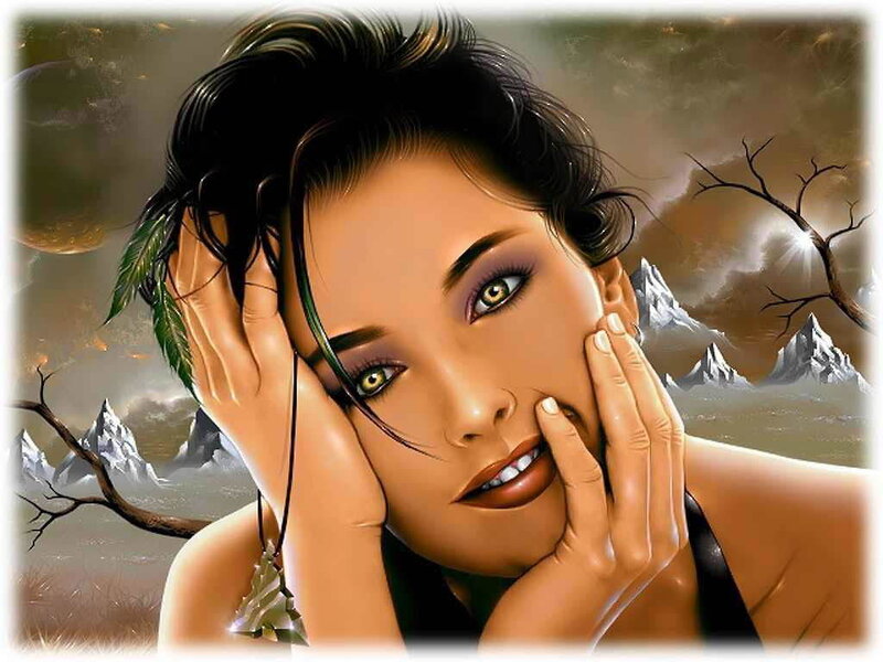 woman with green eyes in fantasy landscape