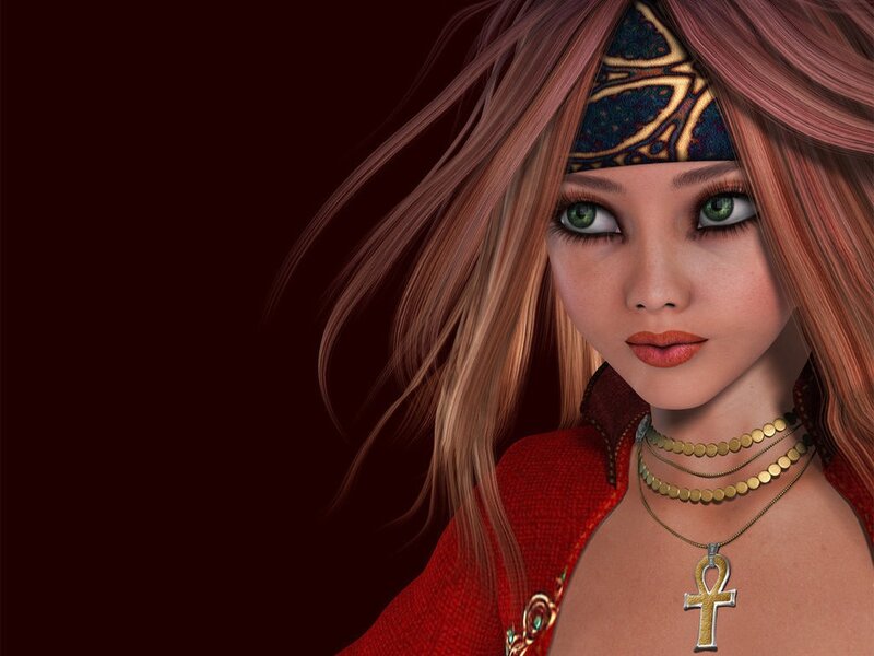 Woman with Green Eyes — Red, Dramatic, 3d Render