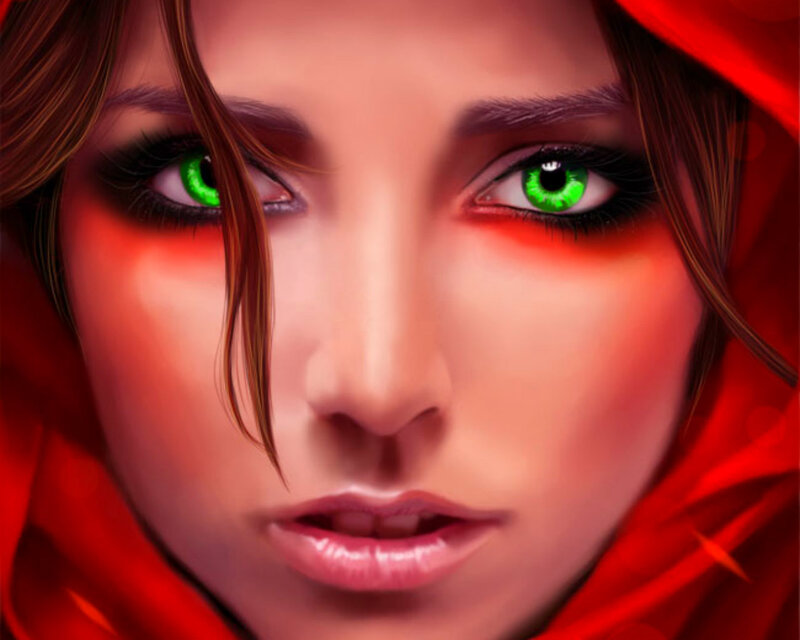 Woman with Green Eyes — Red, Dramatic, Digital Art, Red Hood