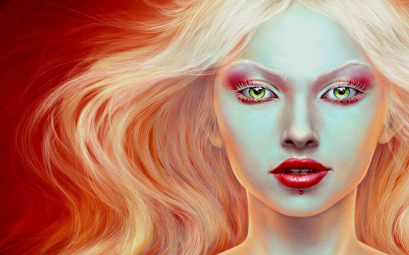 Woman with Green Eyes — Red, Dramatic, Digital Art, Red Lipstick, Pierced Lip