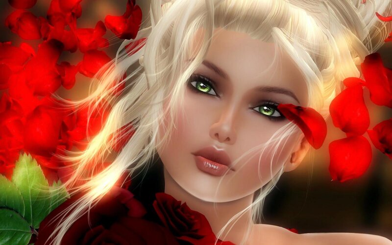 Woman with Green Eyes — Red, Dramatic, Digital Art, Red Roses, Petals