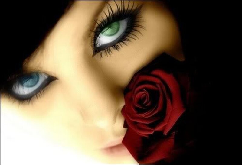 Woman with Green Eyes — Red, Dramatic, Digital Art, Rose