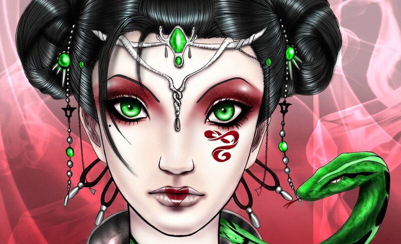 Woman with Green Eyes — Red, Dramatic, Digital Art, Snake
