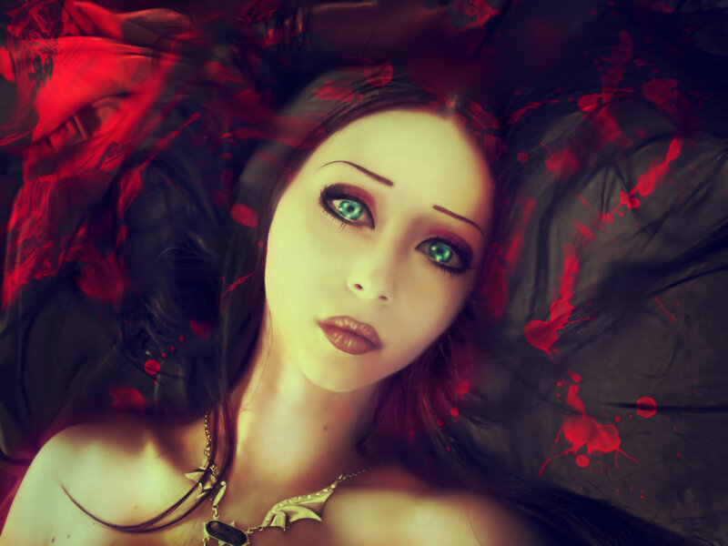 Woman with Green Eyes — Red, Dramatic, Digital Art