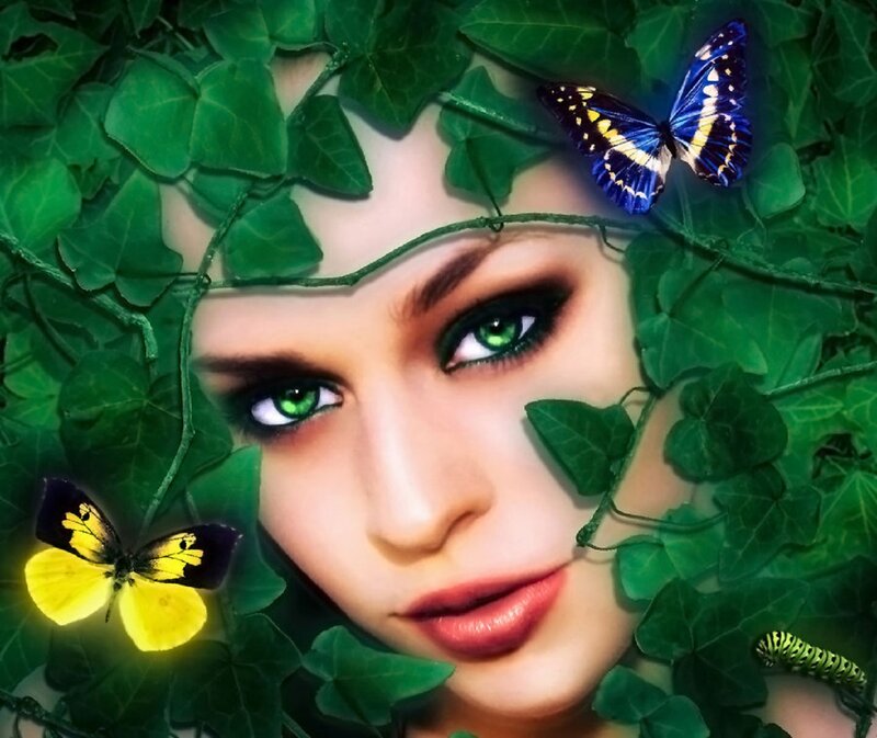 Woman with Green Eyes — Serene, Digital Art, Butterflies