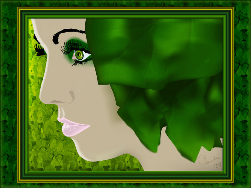Woman with Green Eyes — Serene, Digital Art, Green Leaves