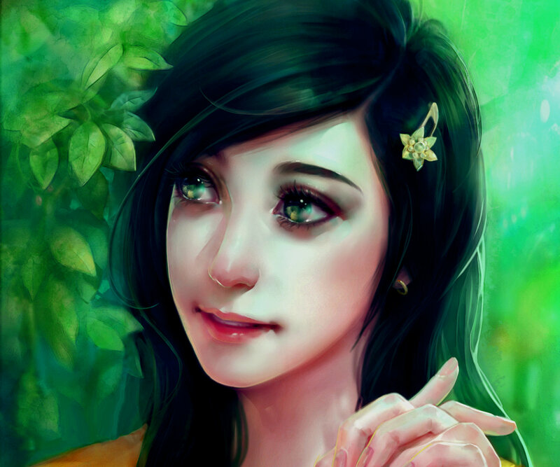 Woman with Green Eyes — Serene, Digital Art, Hair Clip