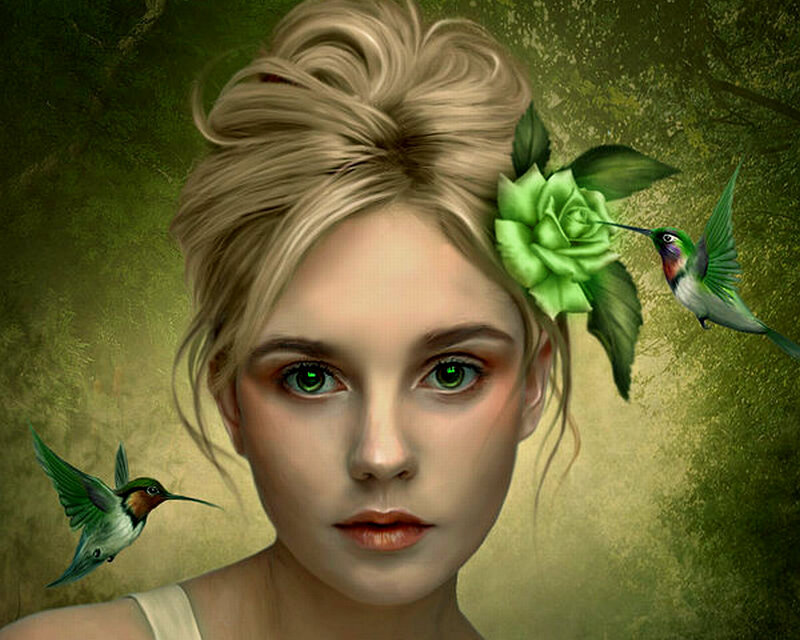Woman with Green Eyes — Serene, Digital Art, Hummingbirds