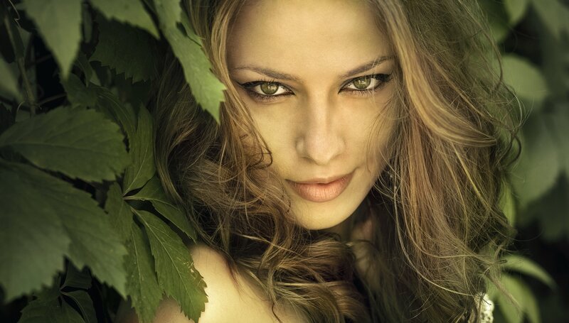 Woman with Green Eyes — Serene, Photograph, Leaves