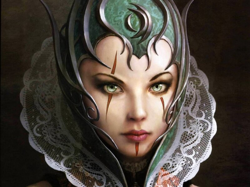 Woman with Green Eyes — White, Dramatic, Digital Art, Lace Hood