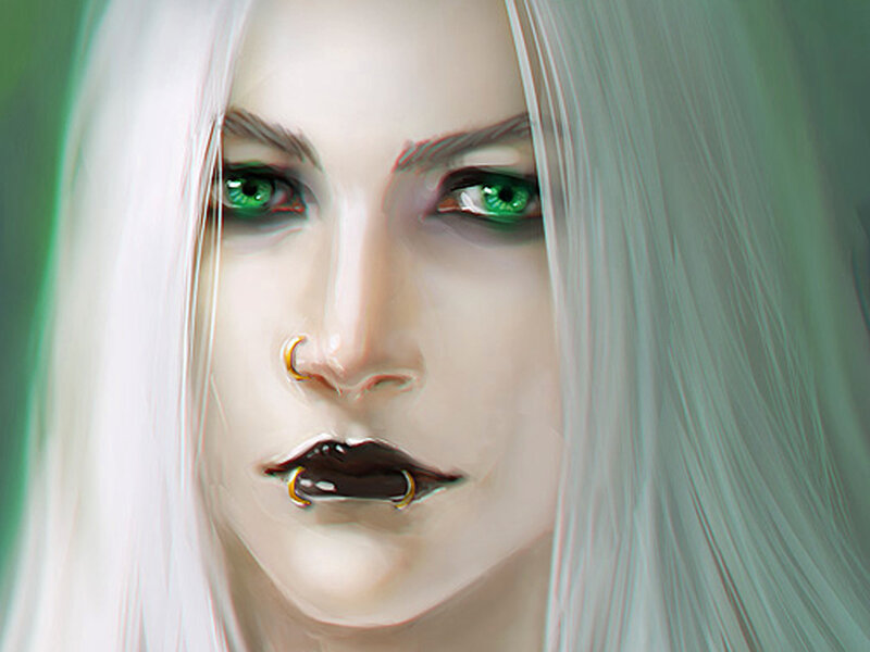 Woman with Green Eyes — White, Dramatic, Digital Art, White Hair