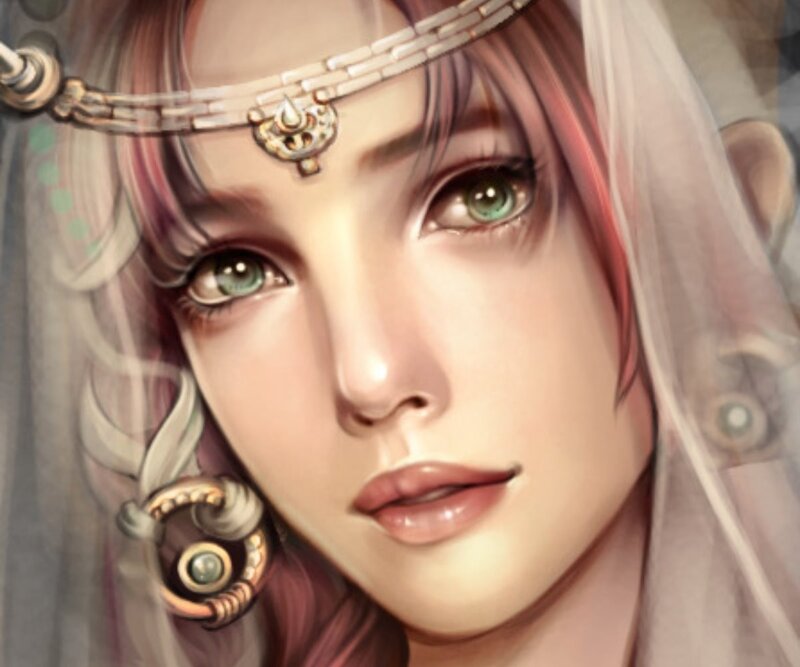 Woman with Green Eyes — White, Serene, Digital Art, Headband