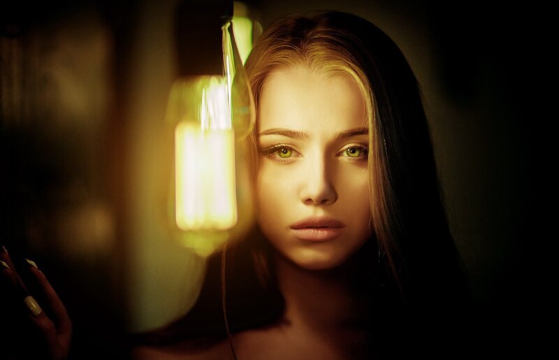 Woman with Green Eyes — Yellow, Dramatic, Night, Photograph