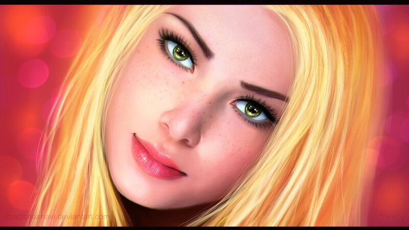 Woman with Green Eyes — Yellow, Dreamy, Digital Art