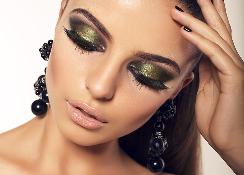 Woman with Green Eyeshadow — Dramatic, Photograph, Earrings