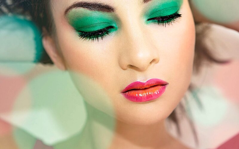 Woman with Green Eyeshadow — Dramatic, Photograph, Lipstick