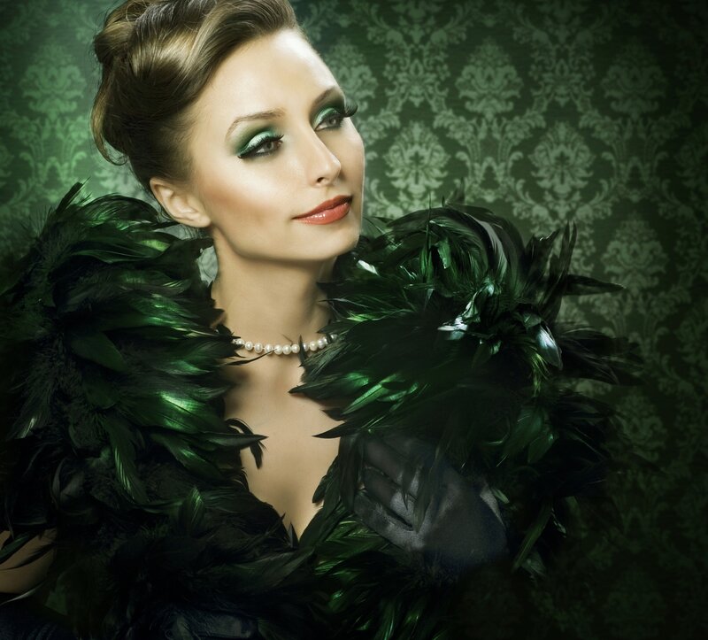 Woman with Green Feathers — Dramatic, Photograph, Feather Boa